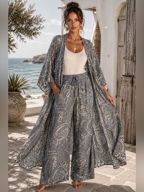 NWT Rhea Jasper Print Kimono & Orea Jumper Pant Set Gray Paisley Boho L/XL A29